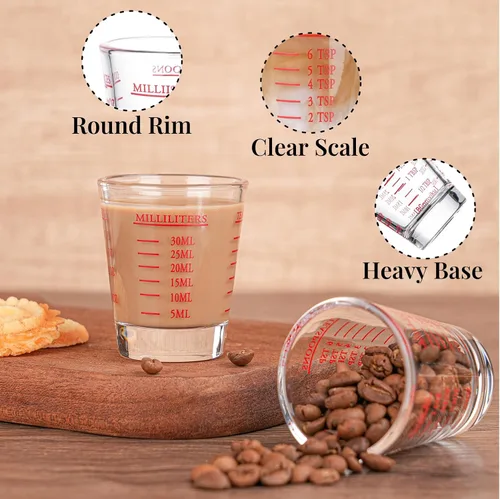 Miniatura 5 de BCnmviku -Vasos corto, taza medidora, taza de espresso, Líquido, vidrio pesado, vaso de vino 2 juegos de 26, para medición gradual 1 onza, 6 Rojo