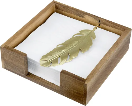 MyGift Servilletero de mesa de madera de acacia de alta calidad, dispensador de servilletas cuadrado rústico con brazo decorativo de plumas de tono