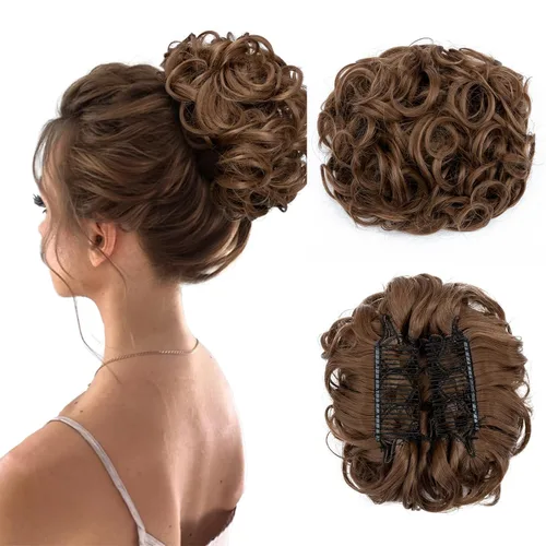 Miniatura 14 de Benehair Moño desordenado con peines con clip en moño de Juva, moño de Juva, esponjoso, ondulado, fácil de estirar, moño grande, cola de caballo
