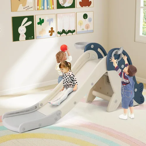 Miniatura 9 de BABY JOY Tobogán plegable para niños pequeños, juego independiente de escalador para bebés con aro de baloncesto, juego de tobogán para niños