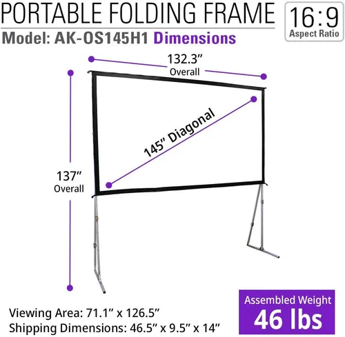 Miniatura 5 de Akia AK-OS145H1 - Pantalla de proyector de 145 pulgadas con soporte y bolsa de transporte para uso en interiores y exteriores - Pantalla portátil