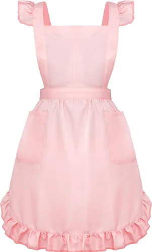 Miniatura 21 de Geyoga Delantales para mujeres con bolsillos Cocina Cocinando Camarera Sirvienta Delantal Falda Vintage Lindo Volantes Vestido Disfraz, Blanco