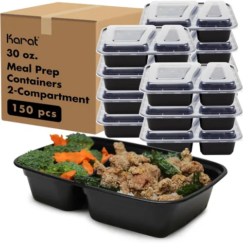 Karat Contenedores de preparación de comidas [30 oz - 150 unidades] 2 compartimentos, contenedores reutilizables y desechables para llevar con tapas