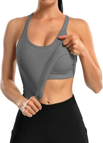 Miniatura 147 de ATTRACO Camiseta corta acanalada de entrenamiento para mujer con brasier integrado para yoga, espalda cruzada, ajuste ajustado