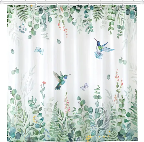 Miniatura 14 de Juego de cortinas de ducha de ramas de pájaro retro, cortinas de ducha de tela de poliéster impermeable con 12 ganchos para decoración del hogar, 72