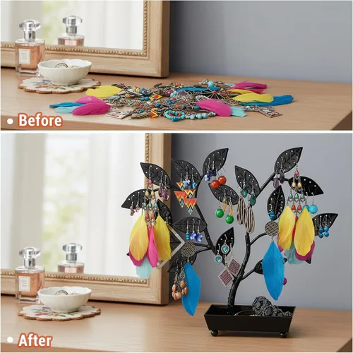 Miniatura 3 de MyGift - Árbol para colgar joyas, aretes y collares con charola para anillos., Metal, Negro, S