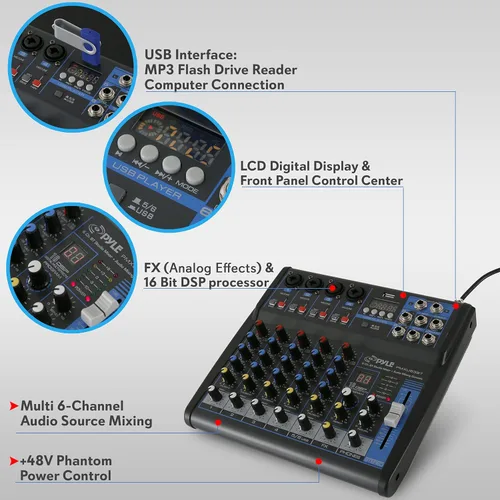 Miniatura 6 de Pyle Mezclador de audio profesional de 6 canales - USB - Bluetooth - Alimentación fantasma de 48 V - Entrada digital MP3 - FX 16 bits DSP - Interfaz
