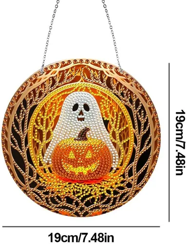 Miniatura 6 de LUSandy Kit de pintura de diamante de calabaza fantasma 5D para Halloween, letrero de arte de pared, diseño de calabaza, diamante, atrapasoles