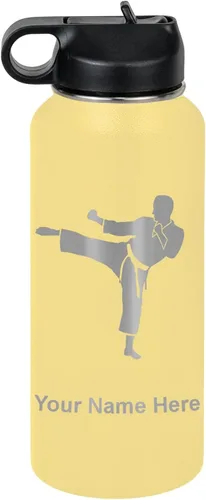 Miniatura 65 de Botella de agua personalizada LaserGram, Karate Man, de acero inoxidable con doble pared aislada al vacío con tapa abatible, regalo personalizado