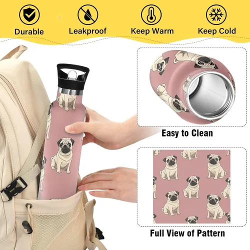Miniatura 4 de Kids Water Bottle with Straw 20 Oz, Kids Stainless Steel Vacuum Insulated Water Bottle for Travel or School, BPA-Free, Beige Pugs Pink