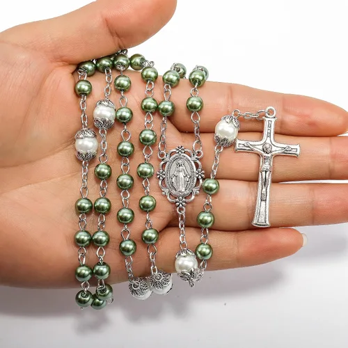 Miniatura 5 de Nazareth Store - Collar de cuentas de perlas rosario blanco Padre Nuestro con medalla de Lourdes y crucifijo de cruz devoción espiritual