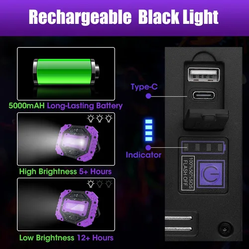 Miniatura 2 de roperry Paquete de 2 Luces Negras Recargables, 5000mAh Batería Inalámbrica Portátil Magnética, Luz Negra LED Ultravioleta de 395nm, Luz
