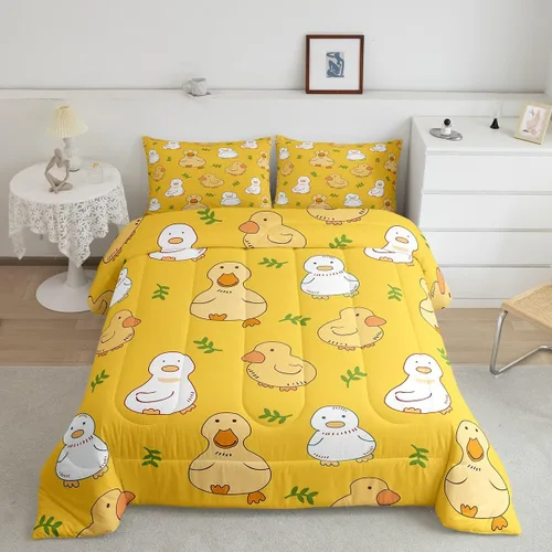 Miniatura 27 de Erosebridal Juego de ropa de cama a cuadros azul para niños, juego de cama individual con diseño de patos amarillos de dibujos animados, juego
