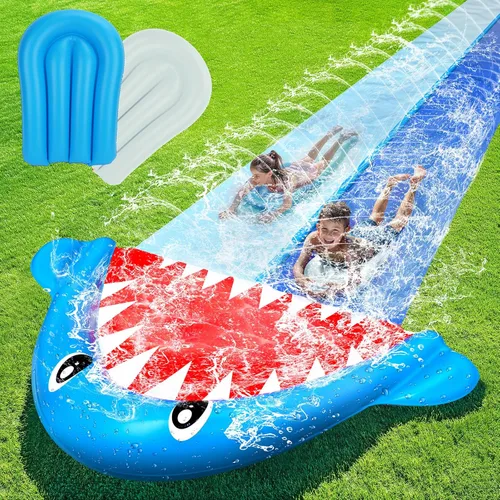 Miniatura 10 de TOY Life Toboganes acuáticos gigantes de bandera estadounidense para niños, tobogán acuático de 20 pies, patio trasero con 2 tablas de bodyboard, 2