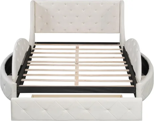 Miniatura 6 de Bellemave Cama de plataforma tapizada de terciopelo con almacenamiento, marco de cama tamaño Queen con cabecero, 1 cajón grande y 2 taburetes