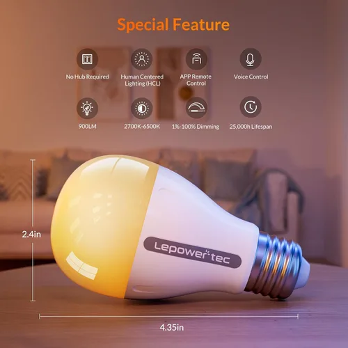 Miniatura 8 de LEPOWER-TEC Bombillas inteligentes, bombilla inteligente compatible solo con Alexa/Google Assistant, bombillas LED regulables BT/2.4G WiFi, 900LM
