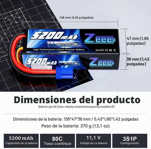 Miniatura 2 de Zeee 3S Lipo Battery 5200mAh 11.1V 80C Estuche rígido RC Lipo con conector EC5 para 1/5 1/8 1/10 RC coche, barco, camión, heli, avión, UAV, dron