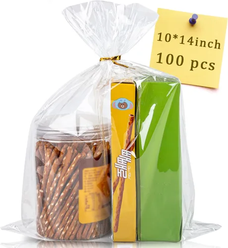 CUDICY 100 bolsas de celofán de 10 x 14 pulgadas, bolsas de regalo grandes transparentes para regalos, bolsa de regalo transparente con lazos,