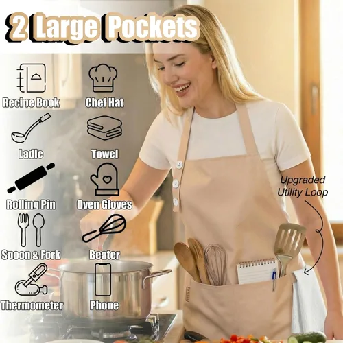 Miniatura 2 de TOSHE Delantal de cocina de algodón resistente a las gotas de agua con delantal ajustable para mujer con bolsillos, 10 opciones de color, delantal