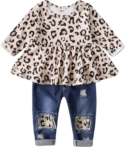 XUANHAO Ropa de bebé niña de 12, 18 y 24 meses, trajes para niñas pequeñas, ropa de mezclilla con volantes, pantalones de mezclilla rasgados
