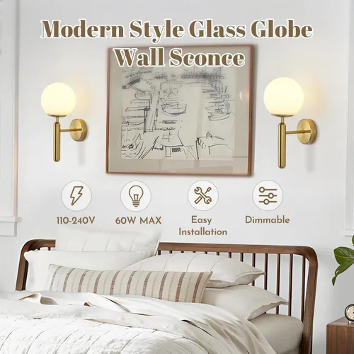 Miniatura 5 de KCO Aplique de pared de globo de vidrio de leche, apliques de pared de latón cepillado de mediados de siglo, lámpara de pared dorada moderna, Dorado