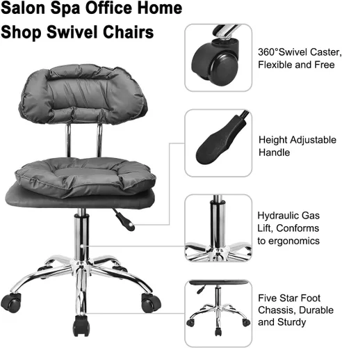Miniatura 4 de JOSTZHXIN Respaldo de taburete rodante, acolchado de asiento grueso, silla rodante resistente para oficina en casa, silla giratoria de altura Gris