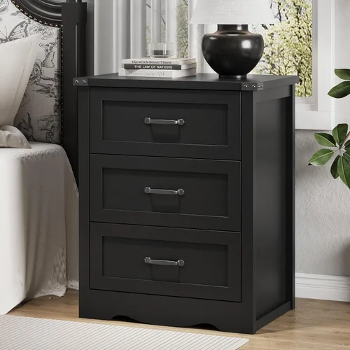 Mesita de noche con 3 cajones, mesa auxiliar de 61 cm de ancho estilo granja, mesa de noche de madera rústica con asa metálica, cómoda moderna y