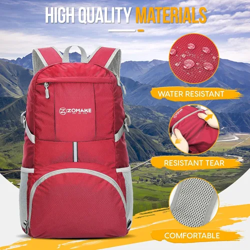 Miniatura 4 de ZOMAKE Mochila Ligera Empacable de 35L, Mochilas Ligeras Plegables Resistentes al Agua Bolsa de Senderismo Colapsible, Paquete de Día Plegable Rojo