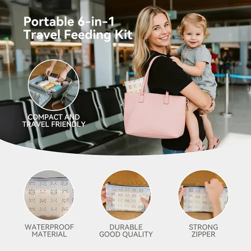 Miniatura 6 de Baby Travel Essentials - Juego de 6 platos para niños pequeños con succión, cuchara y tenedor de acero inoxidable 304, babero plegable de silicona