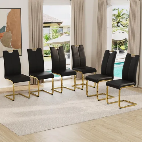 Miniatura 10 de Juego de sillas de comedor modernas (2 unidades) de piel sintética PU con respaldo alto tapizadas con patas doradas de metal para cocina y comedor
