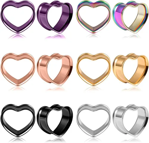 Juego de 3 pares6 pares de túneles en forma de corazón, calibre para orejas, joyería de piercing de color negro y oro, 0.07 oz de acero inoxidable,