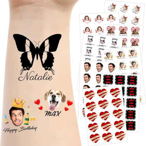 Miniatura 22 de Tatuajes temporales personalizados para la cara, tatuajes faciales personalizados con nombre de foto, logotipo, texto, calcomanía de tatuaje falsa