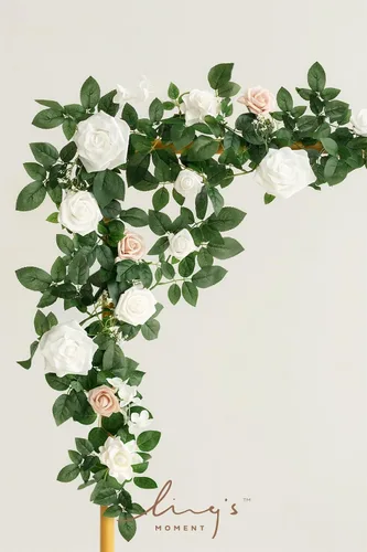 Miniatura 3 de Ling's Moment Guirnalda de Flores Artificiales Blancas de 5 Pies con Rosas Falsas y Hojas Verdes, Guirnalda Floral de Arco de Flores y Enredadera