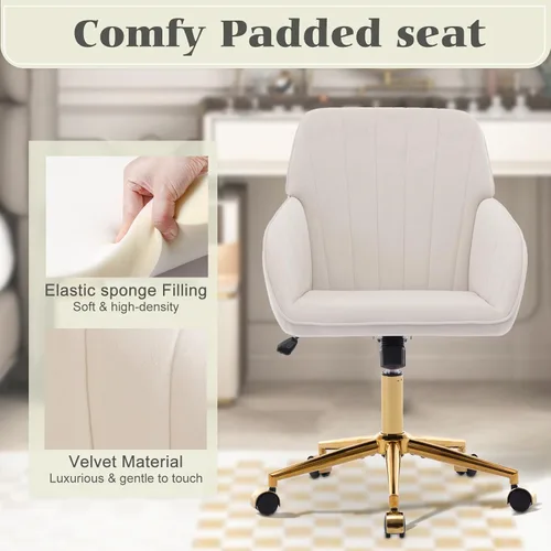 Miniatura 7 de Silla de tocador de terciopelo con ruedas, silla giratoria de maquillaje de altura ajustable, silla de escritorio pequeña sin brazos para Blanco-2