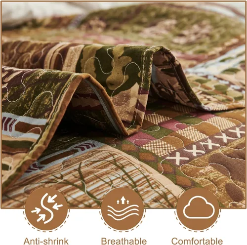 Miniatura 4 de Colcha Lodge Tamaño Queen, Juegos de Colcha de Cabaña Rústica Alce Oso Colcha Cubrecama de Retazos a Cuadros Cubrecama Reversible con Estampado de Té