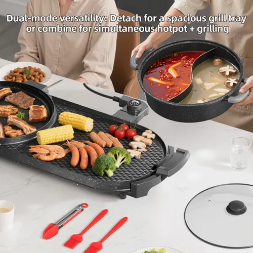 Miniatura 3 de AORAN - Combo de parrilla eléctrica y olla caliente para cocina en interiores, parrilla desmontable de doble zona de 2200 W con bandeja dividida
