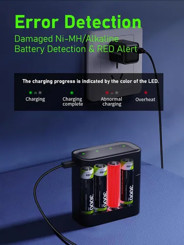 Miniatura 4 de Paquete de 4 baterías AA recargables con cargador integrado de 3000 mWh 1.5 V de larga duración, carga rápida independiente, a prueba de fugas