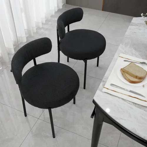 Miniatura 8 de Juego de 2 sillas de comedor negras redondas tapizadas de bouclé para el comedor, sillas de cocina modernas de mediados de siglo con respaldo curvo