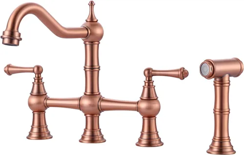 Miniatura 8 de Grifo de Cocina de Puente con Rociador Lateral, WOWOW Grifo de Cocina de Latón Macizo para Fregadero de 4 Agujeros Bronce Antiguo Grifo de Fregadero