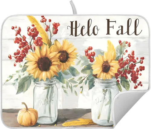 Miniatura 22 de Tapete de secado de platos de hojas de otoño y girasol, almohadilla absorbente de secado rápido, protector para encimera de cocina, 16 x 18 pulgadas
