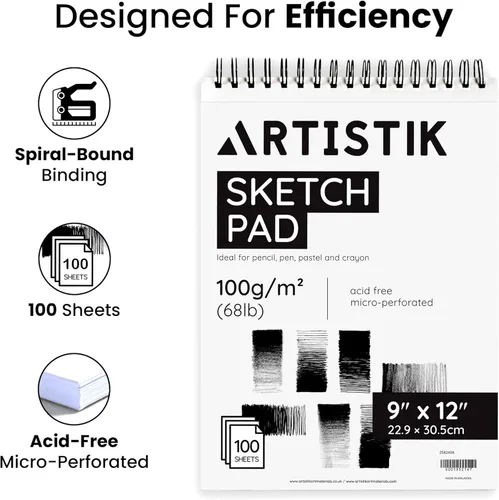 Miniatura 2 de ARTISTIK Bloc de bocetos en espiral, cuaderno de bocetos perforado de 100 hojas para lápiz, pastel y crayón, 3.53 oz/m² (68 libras), bloc de bocetos