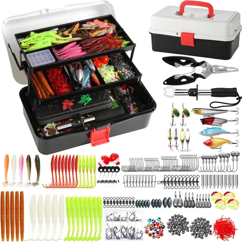 RoundFunny Caja grande de 517 piezas de 3 capas con señuelos de pesca con aparejos que incluye alicates, pinza de labios de pez, crankbait, ganchos,