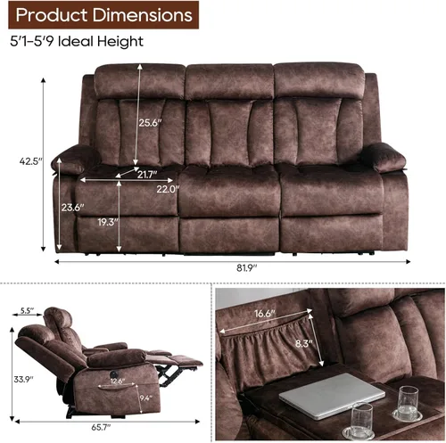 Miniatura 2 de GUEAPY Sofá reclinable con calor y masaje, sofá reclinable con mesa abatible, sofá reclinable de 3 plazas para sala de estar, asientos de cine