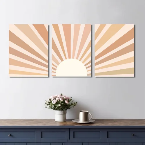 YokiMino Juego de 3 arte bohemio para pared, lienzo enmarcado moderno de mediados de siglo, diseño de líneas geométricas de naturaleza para sala de