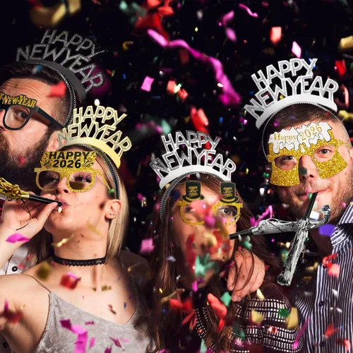 Miniatura 5 de Gemscream 144 piezas de suministros para fiesta de Año Nuevo 2026, incluyen diadema de feliz año nuevo, gafas largas y cortas con flecos
