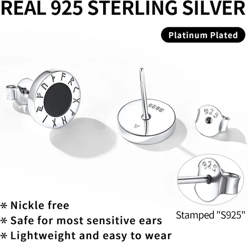 Miniatura 6 de ChicSilver Pendientes de tuerca de plata de ley 925 con runa vikinga de ónix negro natural para mujeres y hombres