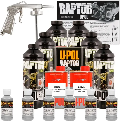 U-POL Raptor Dove - Kit de revestimiento en aerosol para caja de camioneta de uretano gris con pistola rociadora gratis, 6 litros