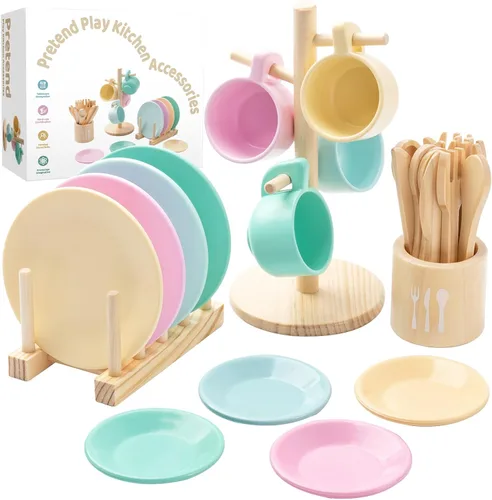 GAGAKU Juego de Platos de Juguete de Madera para Niños - 27 Piezas Accesorios de Cocina de Juego Montessori Juego de Platos y Cuencos, Soporte de