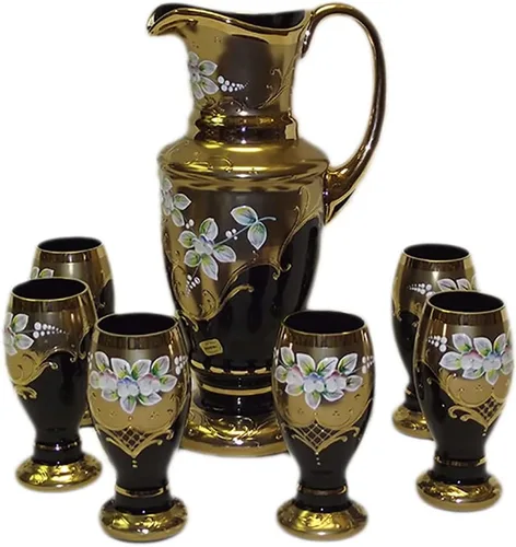 Cristal bohemio SLAVIA Glassworks Hecho a mano de alto esmaltado pintado agua/cerveza Set color negro 7 unids