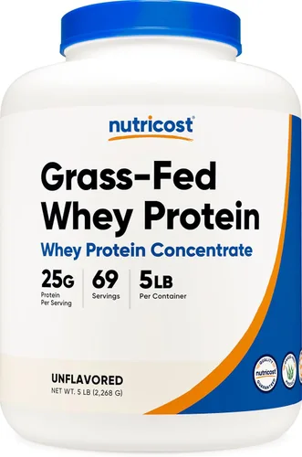 Nutricost Concentrado de proteína de suero alimentado con pasto (sin sabor) 5 libras, sin desnaturalizar, sin OMG, sin gluten, sabores naturales